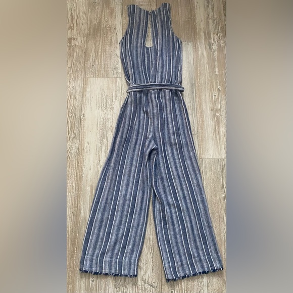 Anthropologie Cloth & Stone navy blue linen striped jumpsuit S - Picture 2 of 6